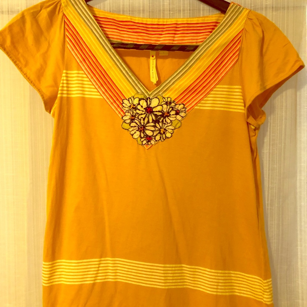 Antrhopologie yellow and rainbow vneck